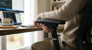 Détail des accoudoirs réglables en trois dimensions d'une chaise de bureau ergonomique moderne.
