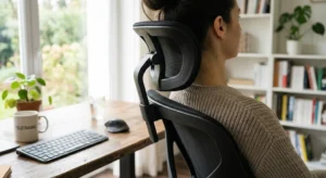 Vue de profil d'une chaise de bureau ergonomique dotée d'un appui-tête inclinable pour soutenir les cervicales