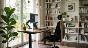 Une chaise de bureau ergonomique élégante intégrée dans un espace de télétravail moderne et bien éclairé