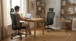 Installation d'un coin bureau à la maison avec une chaise ergonomique économique et confortable.