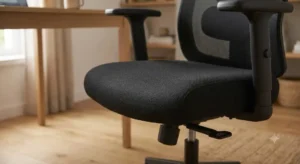 Gros plan sur l'assise rembourrée en mousse haute densité d'une chaise ergonomique à moins de 150 euros.