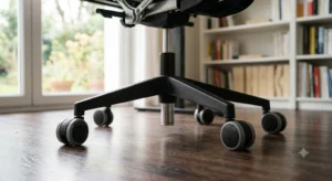 Base à cinq branches équipée de roulettes silencieuses sur une chaise de bureau ergonomique.
