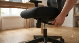 Mécanisme de réglage en hauteur par vérin à gaz sur un siège ergonomique abordable.