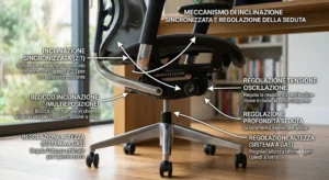  Schema del meccanismo di inclinazione sincronizzata e regolazione della seduta della sedia ergonomica mesh. 