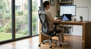 Postazione da lavoro a casa con sedia ergonomica mesh posizionata davanti alla scrivania. 