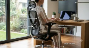  Illustrazione della postura corretta della colonna vertebrale grazie all'uso di una sedia ergonomica mesh.