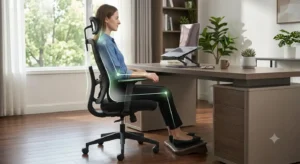 Illustrazione della postura corretta alla scrivania utilizzando una sedia ergonomica ortopedica