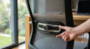 Dettaglio del supporto lombare regolabile di una sedia ergonomica mesh per prevenire il mal di schiena.