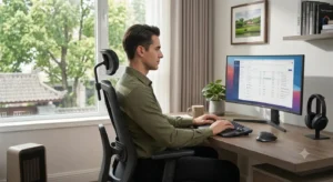 Sedia ergonomica ortopedica utilizzata in un postazione di smart working a casa
