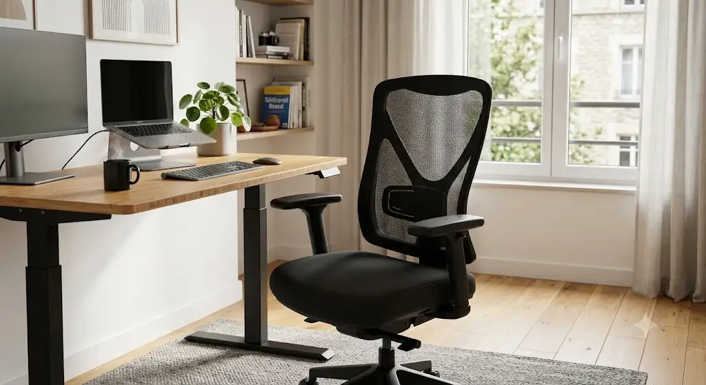 Avis sur la chaise de bureau ergonomique flexispot c7 morpher avis installée devant un bureau assis-debout.