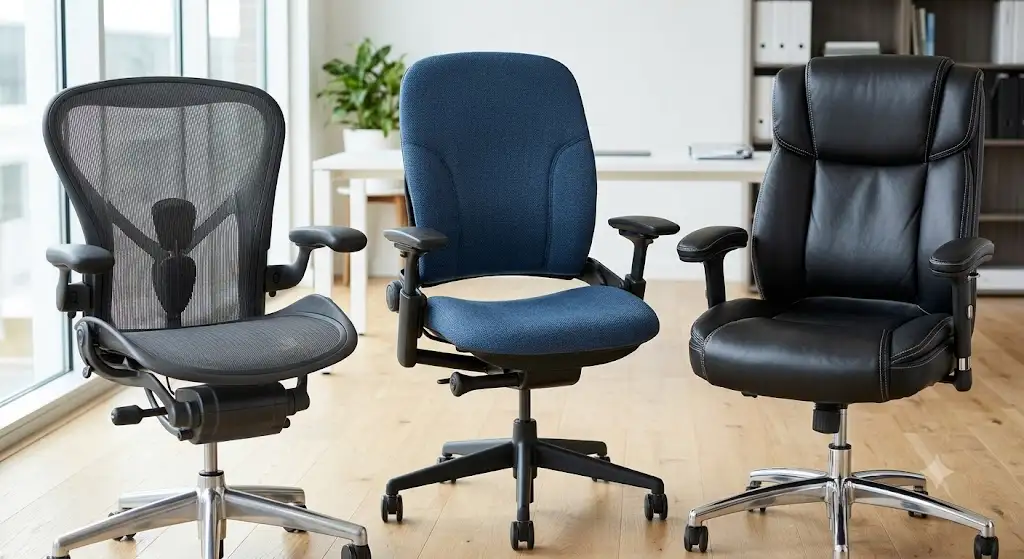 Comparatif visuel des matières de chaise de bureau : maille respirante mesh, tissu rembourré et cuir élégant. mesh vs tissu vs cuir chaise de bureau