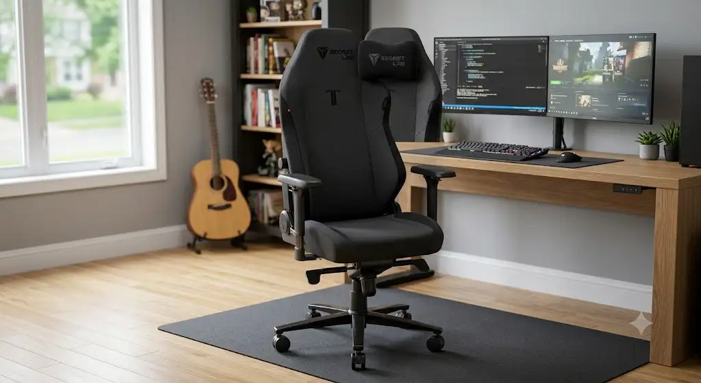 Avis secretlab titan evo avis : vue d'ensemble du siège gaming haut de gamme monté dans un bureau