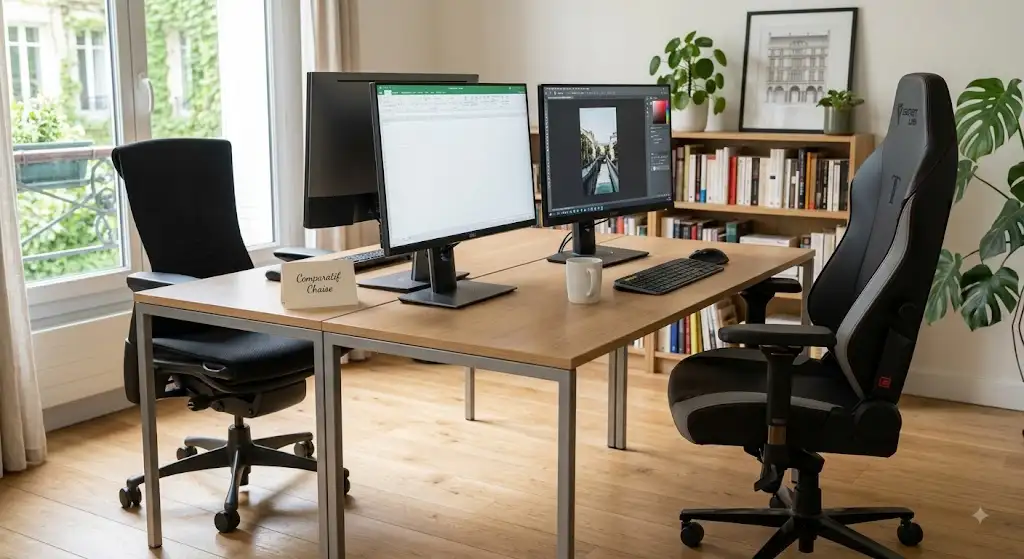 Illustration comparative entre une chaise de bureau ou chaise gaming pour travailler à domicile.