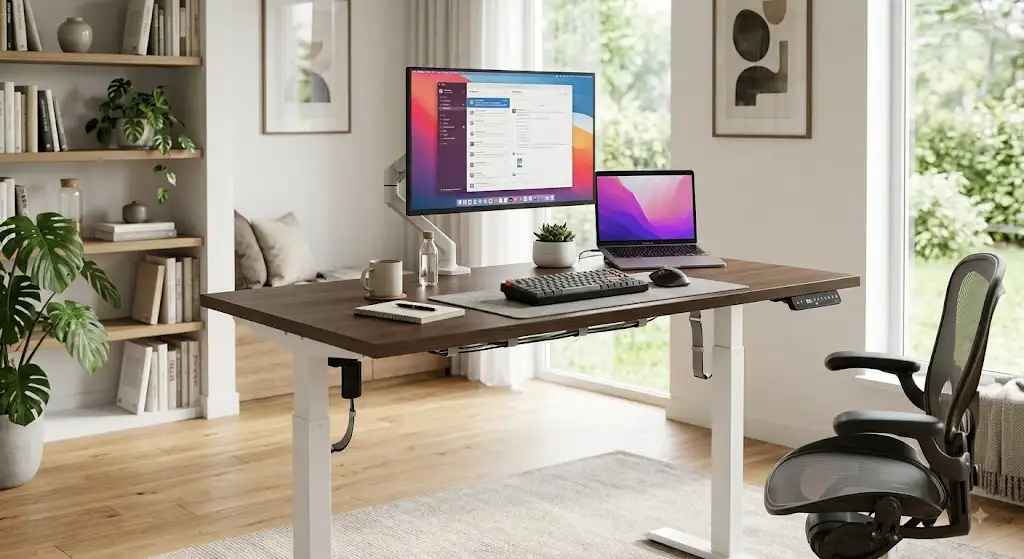 bureau électrique assis-debout double moteur ergonomique installé dans un espace de travail moderne.