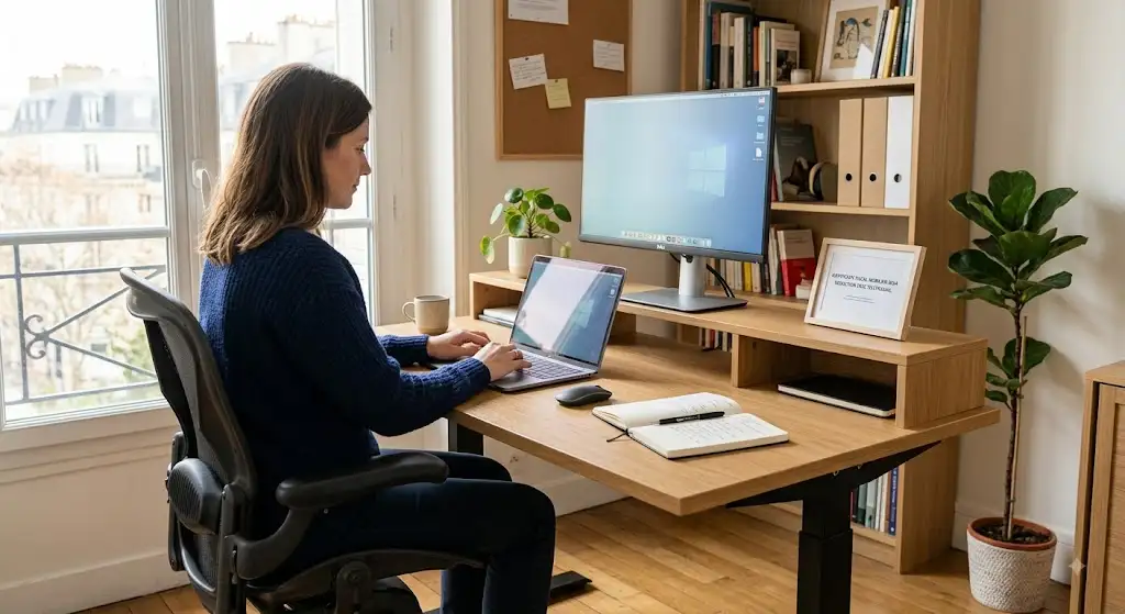 Illustration d'un espace de travail à domicile équipé d'un bureau ergonomique éligible à la déduction fiscale mobilier télétravail.