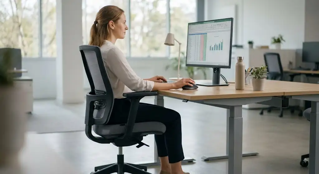 Poste de travail avec posture assise ergonomique sur une chaise de bureau pour prévenir les TMS TMS et chaise de bureau