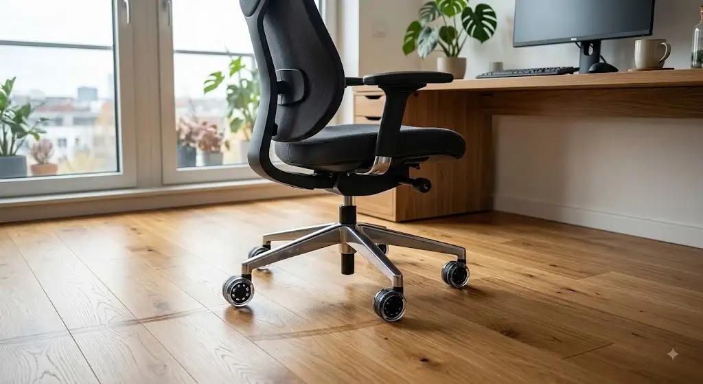 Chaise de bureau ergonomique équipée de roulettes silencieuses chaise bureau parquet en chêne clair.
