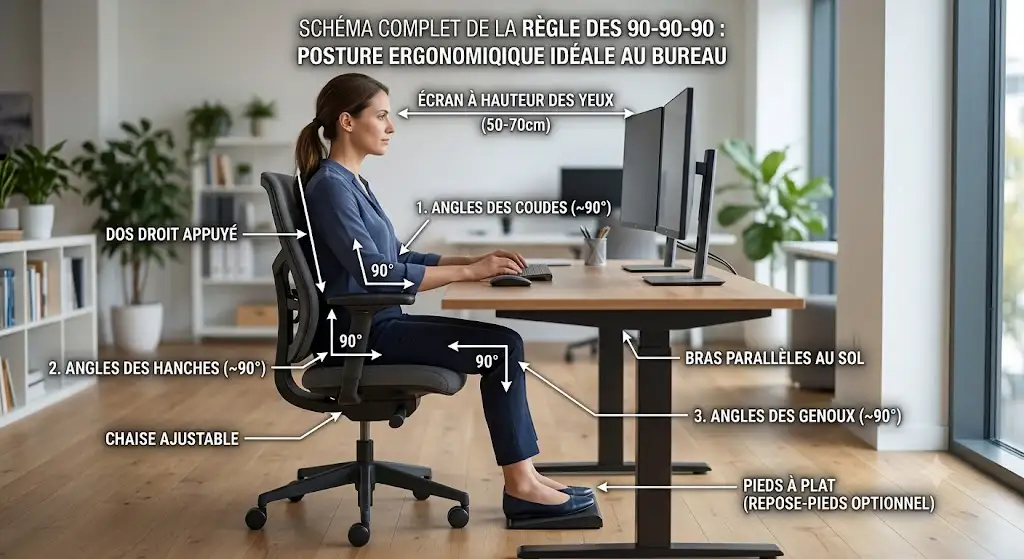 Schéma complet de la règle des 90-90-90 posture bureau ergonomique idéale assis à un bureau