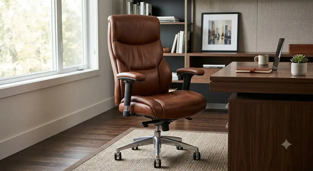 chaise de bureau cuir véritable marron au design ergonomique haut de gamme pour espace de travail professionnel