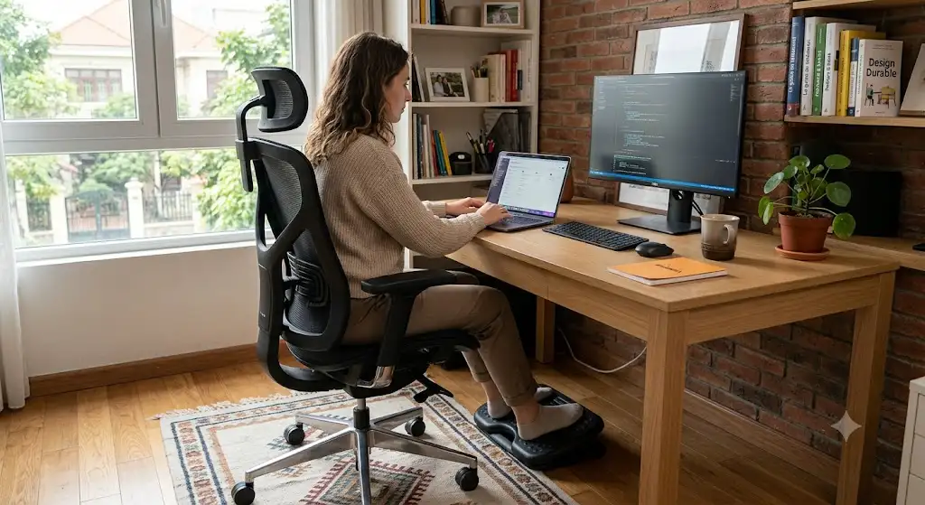 Vue d'ensemble et avis sur la chaise ergonomique Hinomi H1 Pro installée dans un bureau de télétravail (hinomi chaise ergonomique avis)