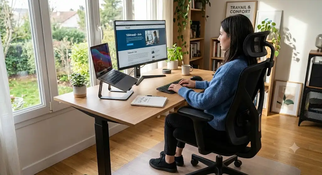 Vue d'ensemble et avis sur la chaise ergonomique Hbada installée devant un bureau de télétravail (hbada chaise ergonomique avis)