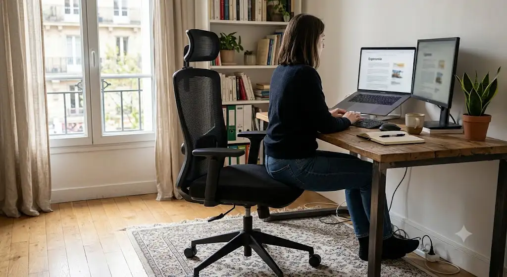 Chaise de bureau ergonomique Songmics installée dans un espace de travail à domicile pour notre test et avis complet. (songmics chaise de bureau avis)