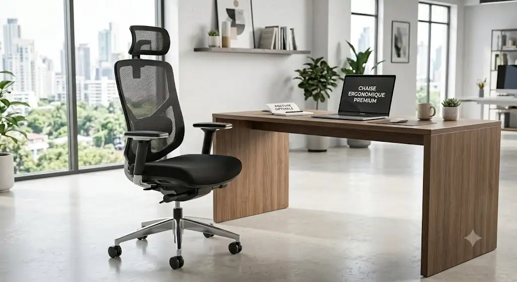 chaise ergonomique premium 500 euros et pluseuros avec dossier en maille respirante dans un bureau moderne.