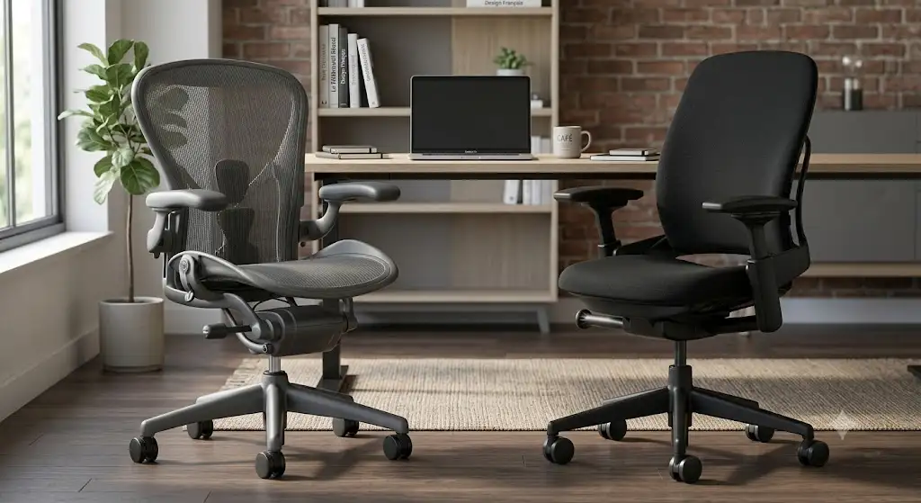 Comparatif visuel entre le fauteuil ergonomique Herman Miller Aeron et le Steelcase Leap pour le travail de bureau.
