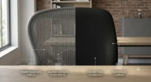 Comparaison entre le dossier respirant en maille du Herman Miller Aeron et le dossier rembourré en tissu du Steelcase Leap. 