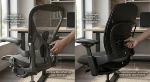Détail du support lombaire PostureFit SL de l'Aeron face au système de maintien lombaire LiveBack du Steelcase Leap. 