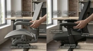 Ajustement et possibilités de réglage des accoudoirs multidirectionnels du Steelcase Leap et du Herman Miller Aeron. 