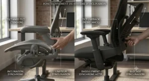 Fonctionnement du système d'inclinaison et de basculement synchrone du Herman Miller Aeron et du Steelcase Leap. 