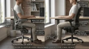 Postures assises recommandées pour éviter le mal de dos avec le Herman Miller Aeron ou le Steelcase Leap.