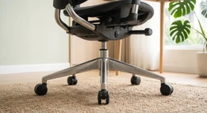 Zoom sur le piétement en aluminium et les roulettes silencieuses de la Sihoo Doro C300. 