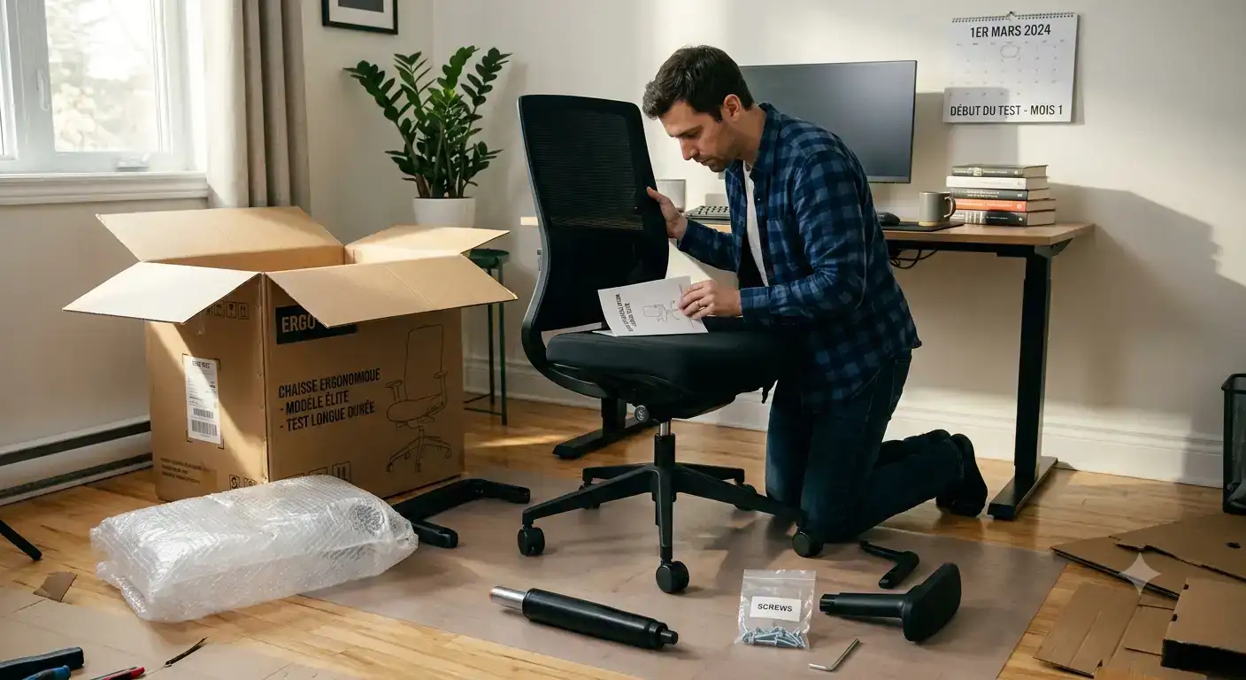 Installation et déballage de la test longue durée chaise ergonomique 3 moisdans un bureau en télétravail. test longue durée chaise ergonomique 3 mois