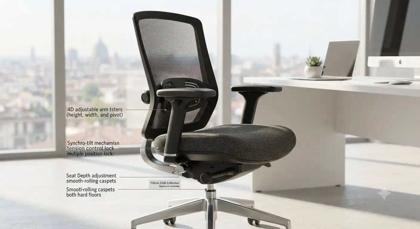 Sedia da ufficio ergonomica di alta qualita con supporto lombare regolabile per postazioni di lavoro moderne in Italia.