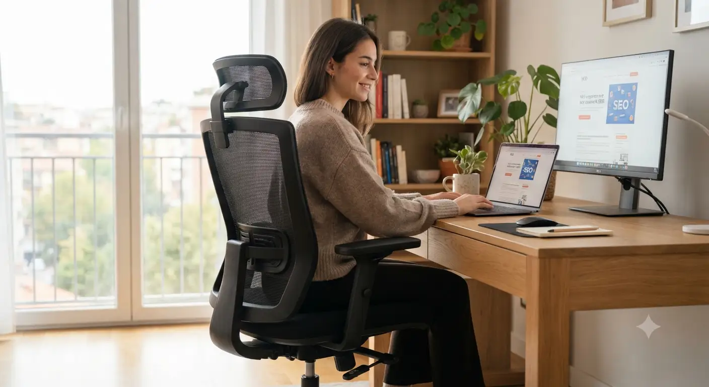 Sedia ergonomica per home office dal design moderno ed economico, posizionata davanti a una scrivania luminosa in un ufficio domestico.