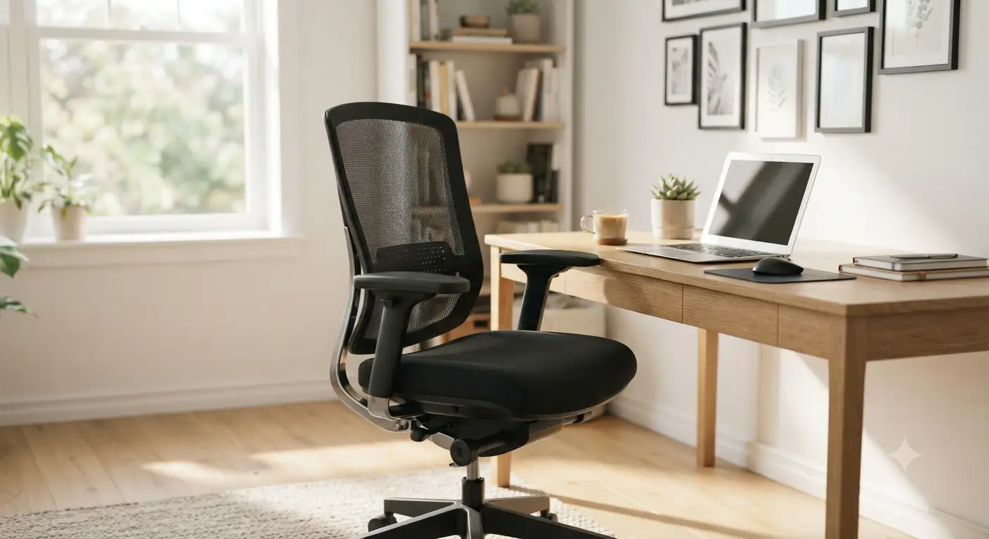 Sedia ergonomica per home office economica ed elegante posizionata davanti a una scrivania moderna in legno con luce naturale.