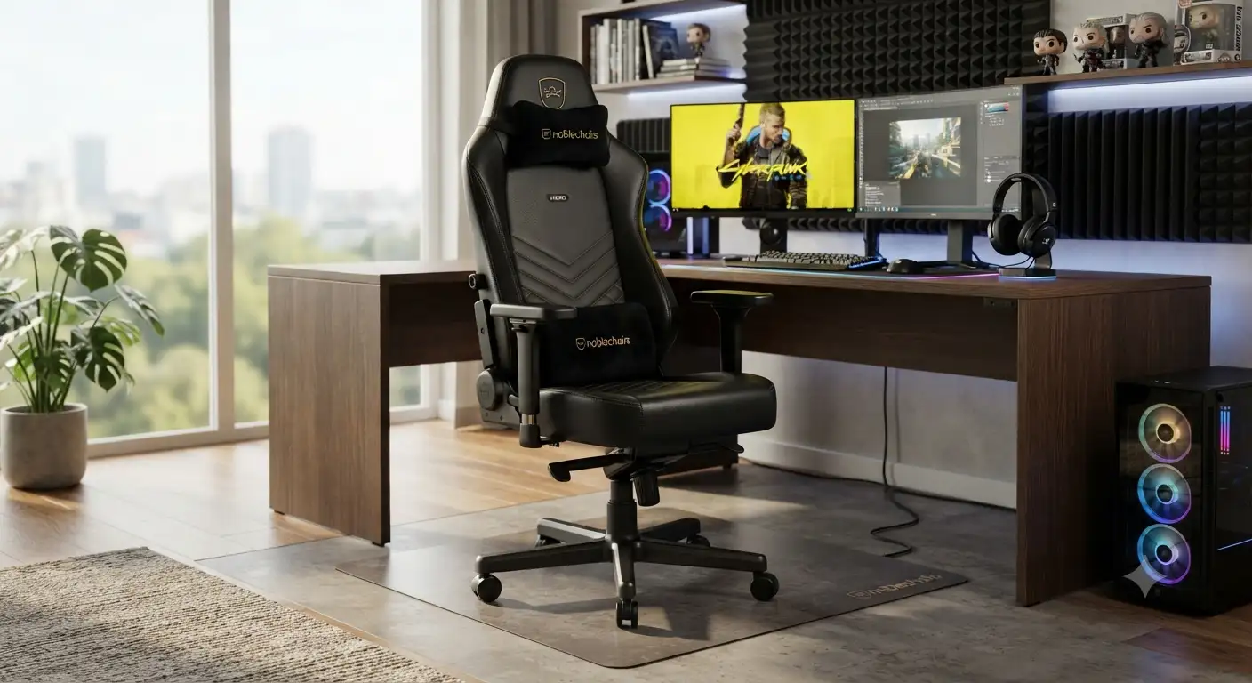Panoramica della migliore sedia Noblechairs in un ambiente da ufficio moderno e gaming