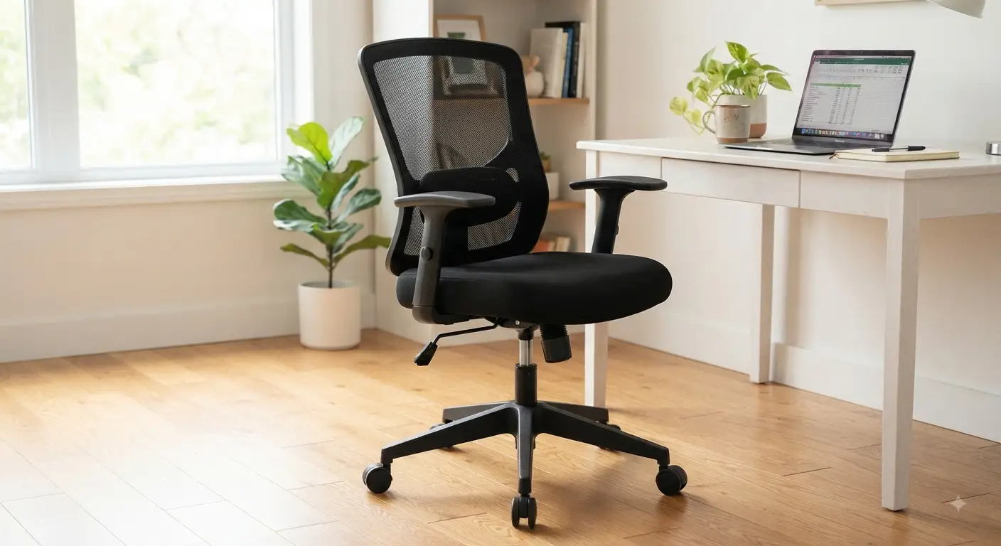 Sedia da ufficio ergonomica nera e moderna in una postazione di lavoro domestica luminosa, posizionata su un pavimento in legno, che rappresenta la migliore opzione economica sotto i 100 euro.