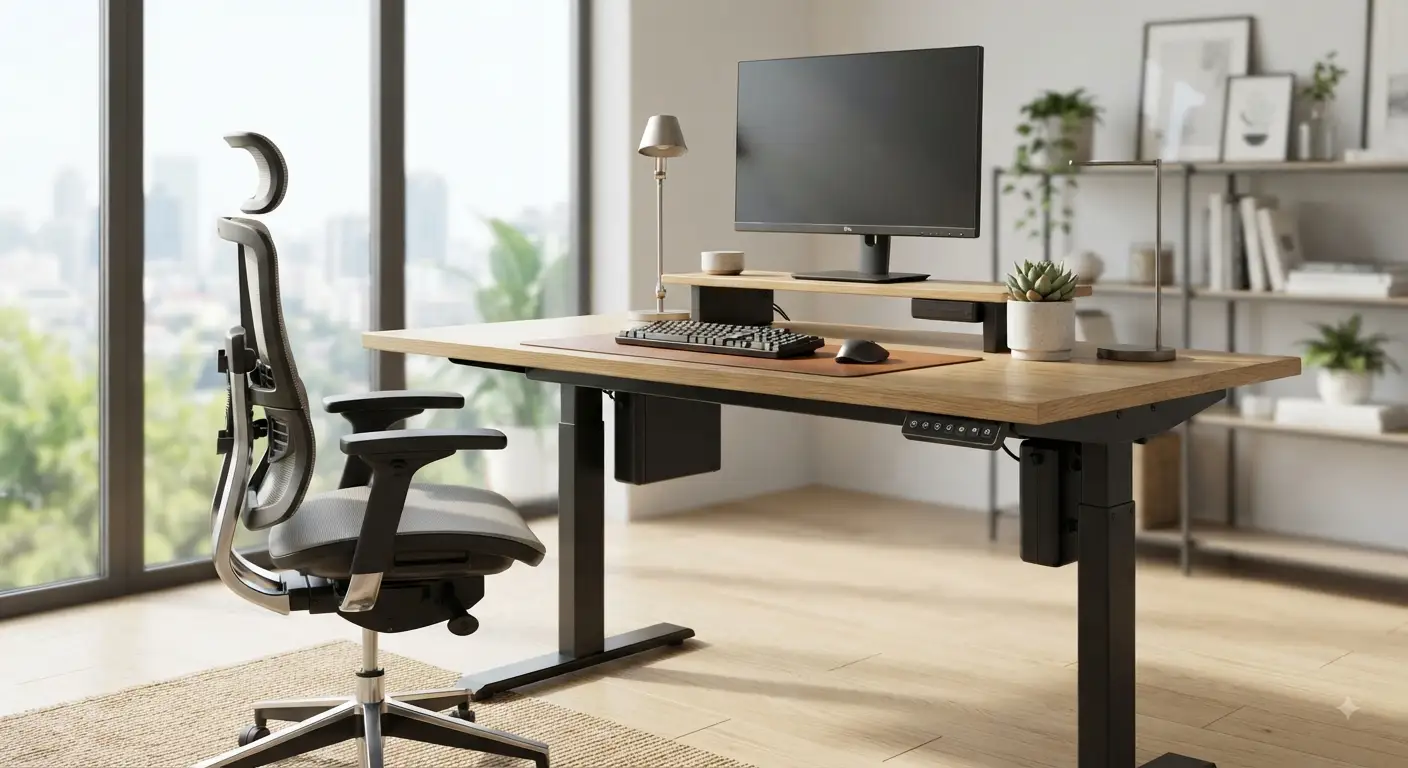 Scrivania elettrica moderna e regolabile in altezza con un design ergonomico, perfetta per un ufficio domestico funzionale.