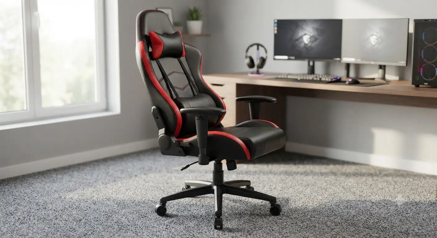 Sedia gaming ergonomica professionale in pelle nera e rossa per lunghe sessioni di gioco