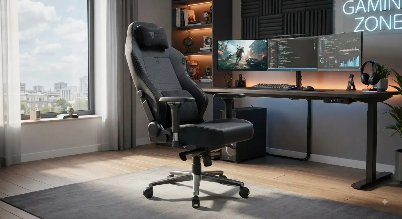 Sedia gaming premium oltre 400 euro con design ergonomico avanzato e supporto lombare regolabile in un ambiente di gioco moderno.