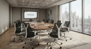 Illustrazione d'ambiente con sedia Herman Miller inserita in una sala riunioni aziendale