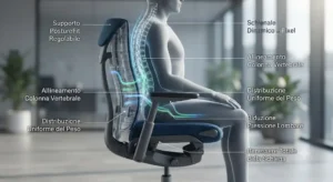Grafica esplicativa di una sedia Herman Miller progettata per una postura corretta e benessere della schiena 

