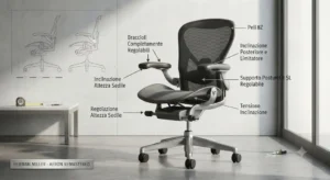 Disegno tecnico di una sedia Herman Miller remastered con braccioli e altezza regolabili