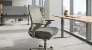 Sedia operativa Steelcase posizionata davanti a una scrivania in un ufficio luminoso.