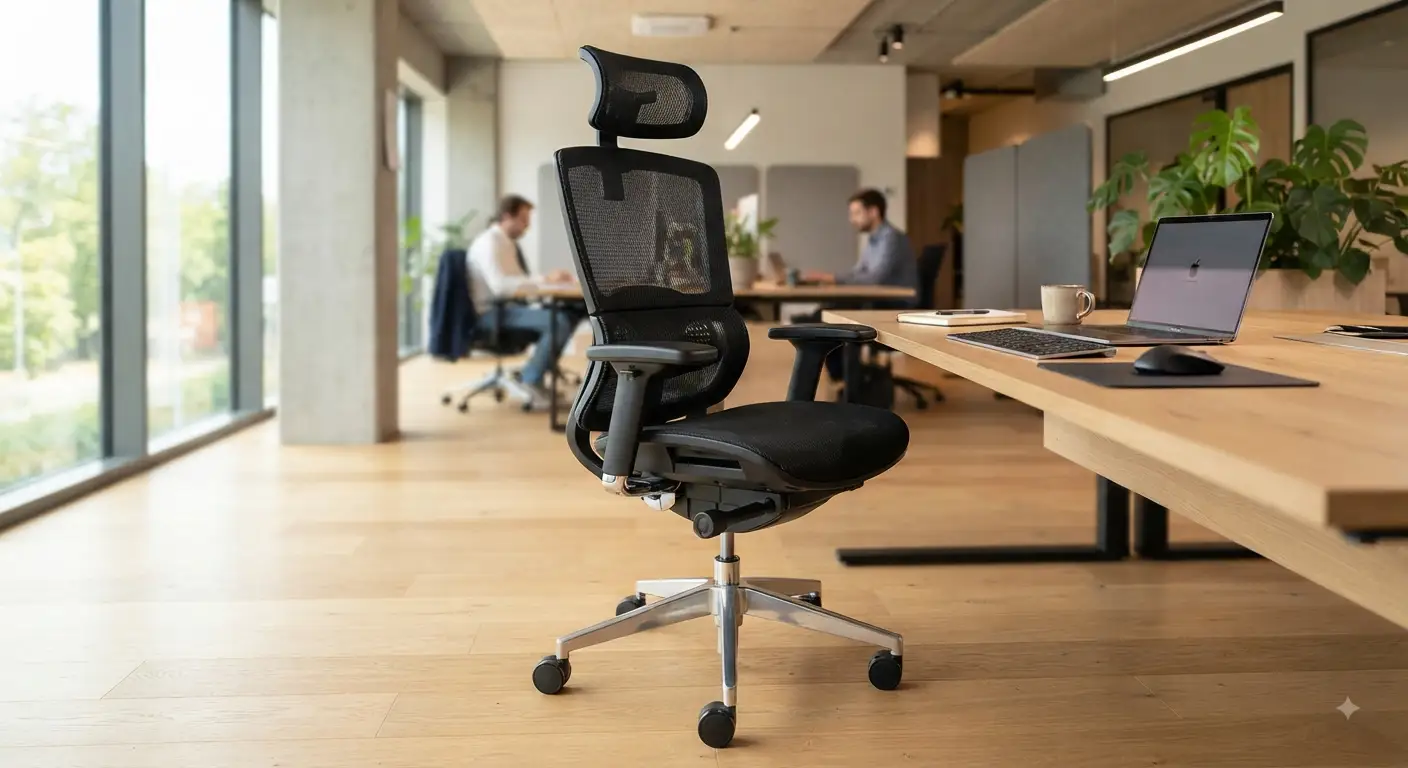 Sedia operativa ufficio ergonomica di colore nero con supporto lombare e braccioli regolabili, posizionata in un moderno ambiente di lavoro con luce naturale e scrivania in legno sullo sfondo.