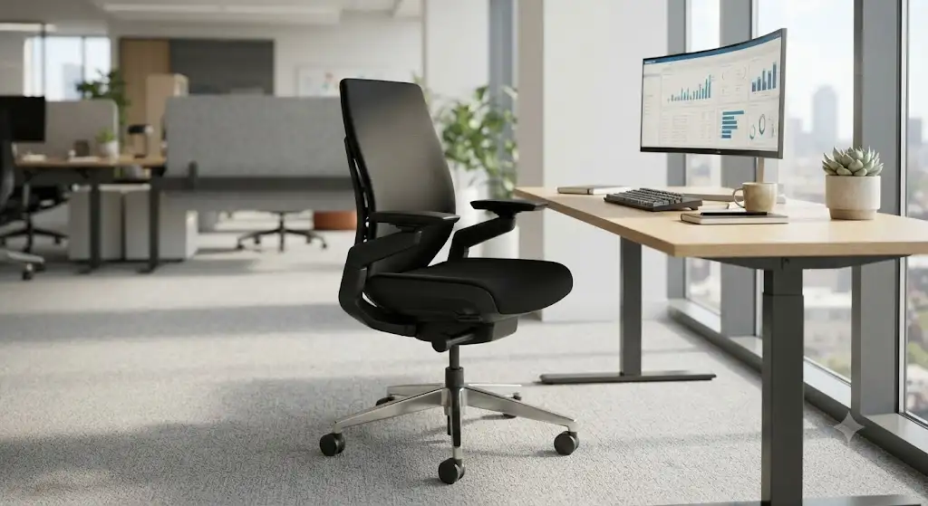 Sedia Steelcase ergonomica per ufficio di colore nero in un ambiente di lavoro moderno.