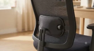 Primo piano sul supporto lombare regolabile di una sedia ergonomica economica